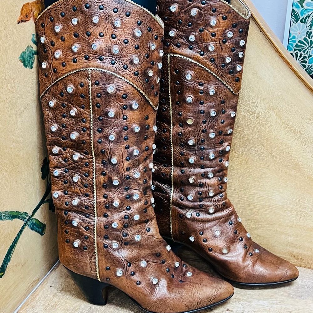 Vintage Studded Brown Heeled Boots‎ By El Vaquero  Missing Some Stones
